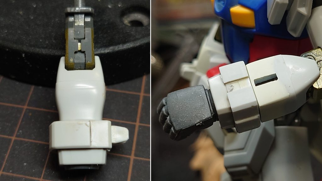 腕部は少し湾曲していてそのままだと接続しにくいのでパテを盛り箱型にして接続穴をあけてます。