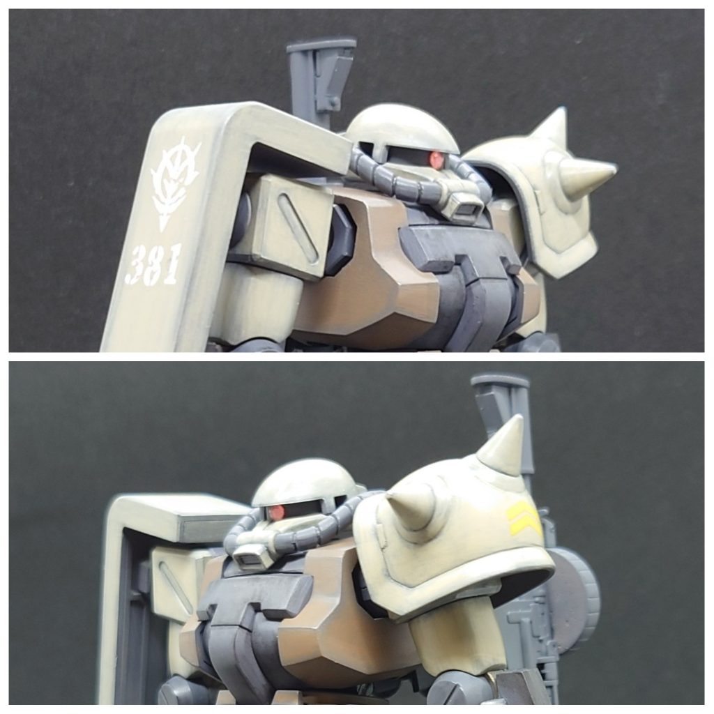 シールドのデカールは塗装ハゲ感が出るように削りました。スパイクショルダーの階級マークは軍曹になりたてをイメージして新しいものを。