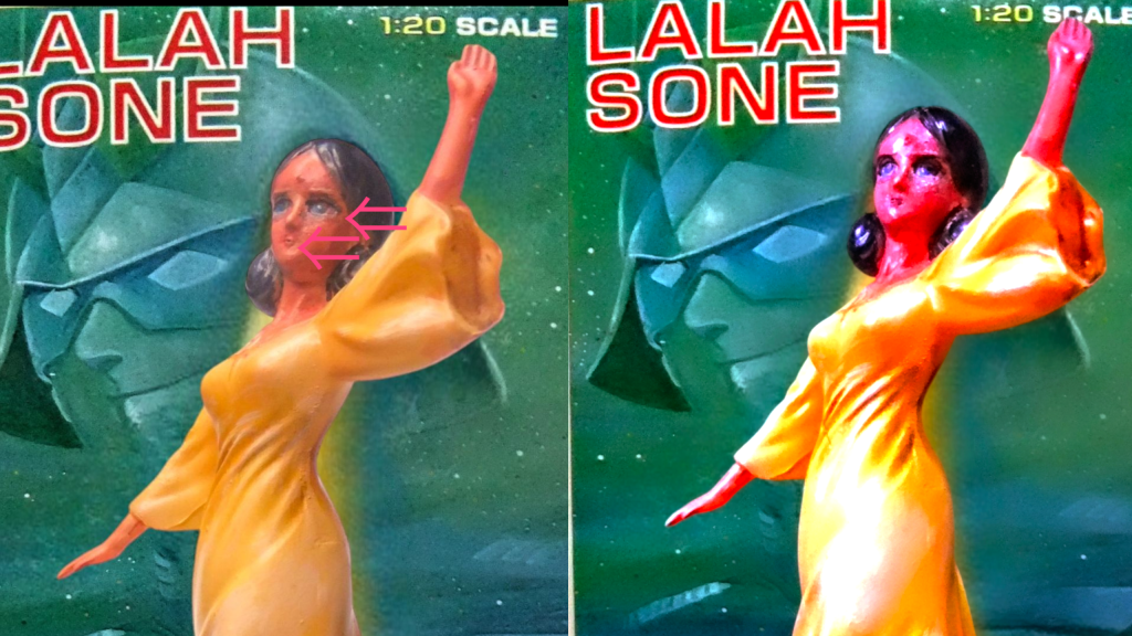 改修点その① 瞳が「 起伏」が少なかったのでリューターで数ミリ彫り込み。その② 口元のモールドがあまかったので「 デザインナイフぶっ刺し加工」でリカバリー。その③ 多少フェイスまわりを削って「 エステ」しています😁