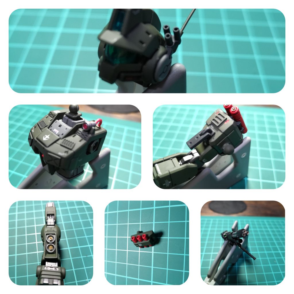 ディテールアップ:ミサイルポッドとバズーカーをコトブキヤのウェポンシリーズを使用:アンテナ→真鍮線にて作成:追加装甲→コトブキヤの角モールドを使用:デカール→中華サイトにて購入:各所にメタルパーツを使用:肩のライトにリード線を使用