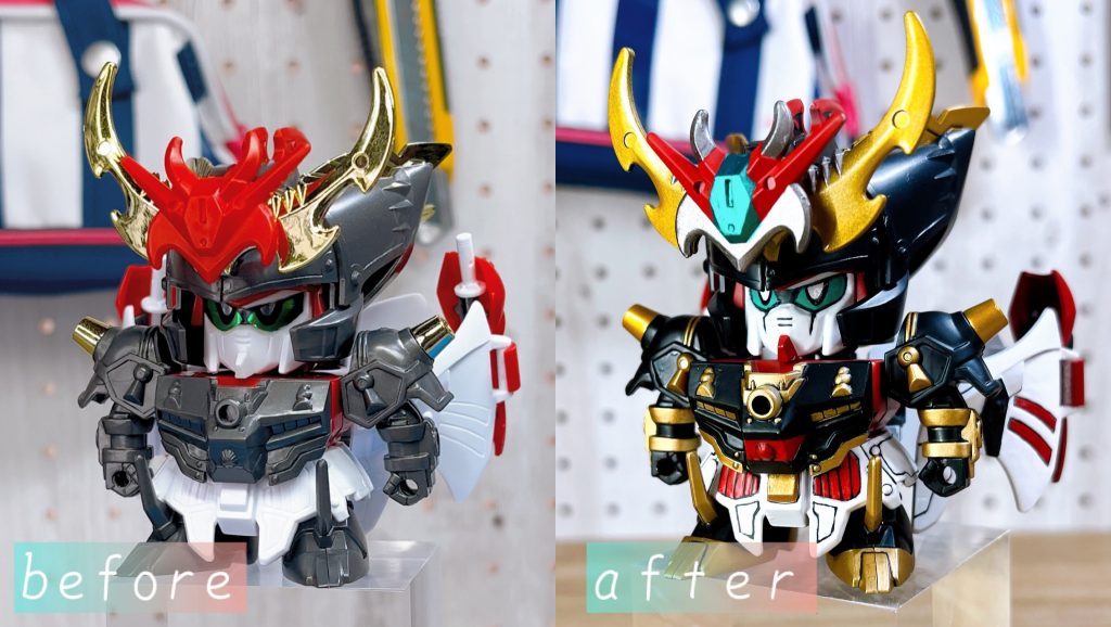 無塗装の素組状態との比較です!黒色の部分はパッケージや説明書のイラストと比べると成型色の色が薄めに感じたので、少し濃いめの色味にしています。並びにメッキは安物感が増す気がするので、剥がして塗装しなおしています。(せっかくの企業努力をゴメンナサイ...) 見比べると塗装してすごいかっこよくなったと思いませんか!?SDガンダム系はパーツの色分けが少なく、ほとんどシールでの色分けですので、そのままですと完成後は最近のHGのキットなどと比べると安っぽい見た目になってしまいますが、元の造形はよくできているのでモールドの追加などしなくても、塗装してあげるだけで見栄えがグンとよくなります!!