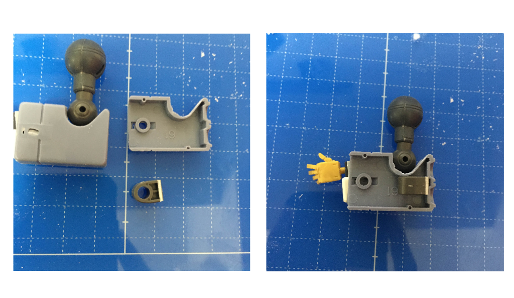 お次は腕部。ハロローダーの関節部品を肘に移植しました。当初、肩は百錬の股関節を使っていたのですが、少しマッチョすぎる印象になったため、のちに元のキットの肩パーツを加工して、ポリキャップを仕込みました。袖口周りの装飾には、ビームサーベルホルダーを四角のプラパイプで作り、反対側の装飾はヘイズル系のEパックの黄色いパーツを使いました。画像を取り忘れていましたが、プラ板で「袖付き」のエングレーブも再現しています。