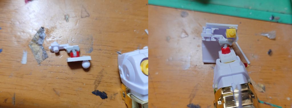 足の改造等身を上げるべくプラ板とダイソーのブロックで足を延ばしました(ここも反省点で大型キットだとダイソーブロックでは保持力が怪しくなりました(腰の横のスラスターで設置性は問題なったので問題は表面化してませんが))