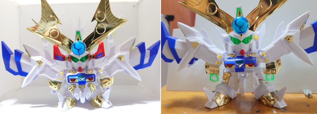 プロポーション変更のBefore Afterです使用塗料はサフ:ガイアノーツのグレー白:G アルティメットホワイト青:G プライマリーメタリックブルー金: 自作のゴールド(SBゴールド SBブラス SBシルバーの調色)赤:C 水性 レッド黒:G EXブラックトップコート:G つや消しスミ入れ:黒