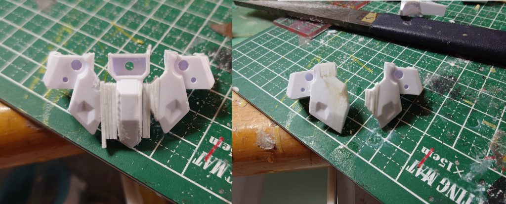 腰の改造上半身のボリュームに対して下半身のボリュームが足りないなと感じたのでまずは腰を幅増ししました確か片側7ミリくらい?(これは正直後でやりすぎだったなと反省した部分でした)