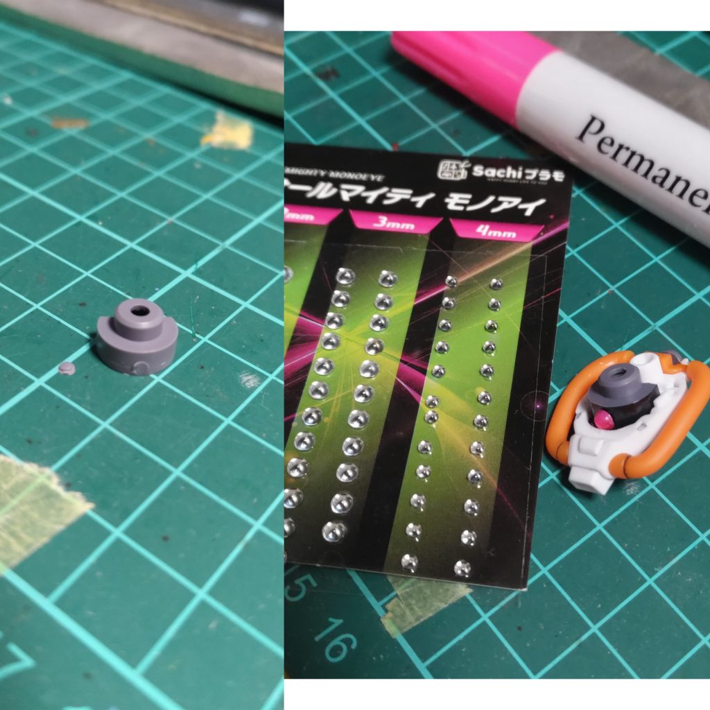 オールマイティモノアイも初導入。色は塗らないといけないですが両面テープつきなので取付が簡単でいいです(zaku-kao6)元のモノアイモールドをぶった切ったんですが厚みが結構あるのではまらず、白いパーツをヤスリで削ってはめました。