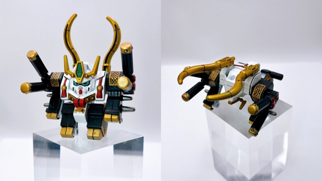 お次は「羅将愚嵐怒(ラショウグランド)」です!こちらのモチーフはグランドガンダムですね。羅将天国途同様、小さいながらもアタックモードこと「獣羅将」形態に差し替えで変形させることができます!