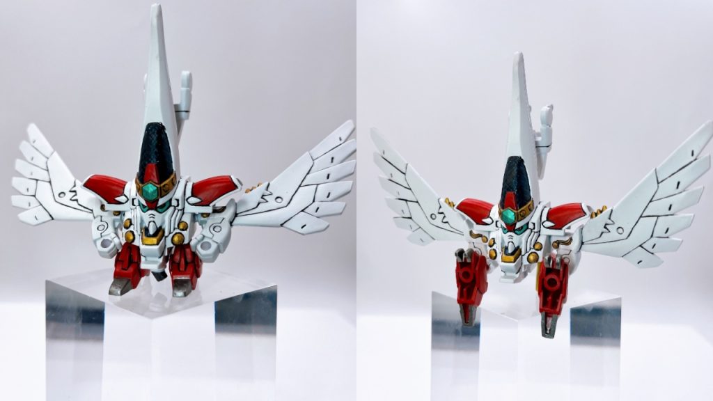 そしてここからは魔星が魔界から召喚した「三羅将」の紹介です!それぞれ本家マスターガンダム四天王がモチーフになっています。まずは「羅将天国途(ラショウヘブンズ)」です!こちらのモチーフはガンダムヘブンズソードです。当て字が天国への途(みち)っていうのがお前を天国に送ってやるぜ!みたいな感じがしていいですね笑 本家同様アタックモードこと「空羅将」形態に差し替えで変形させることができます!おまけなのに本家ギミックが再現されてるのがすごいです!!