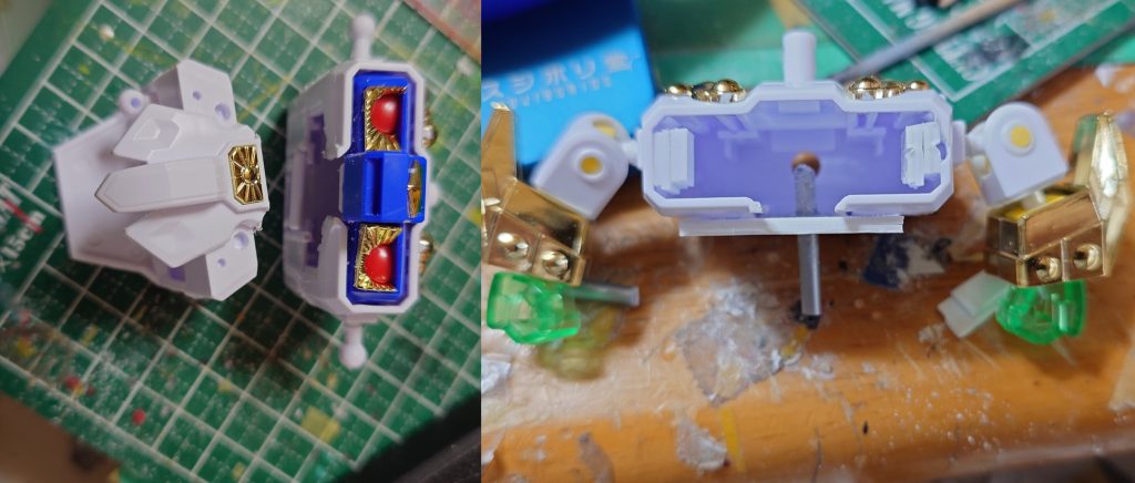 胴体と腕の改造まずは真っ二つに切り飛ばし腰を動かせるようにします次に青い胸パーツをもっと前に出したいのでプラ板でとっかかりを作ってそこに接着する形で前に出しました腕は手をCSの手に変えただけです(無改造でつきます)