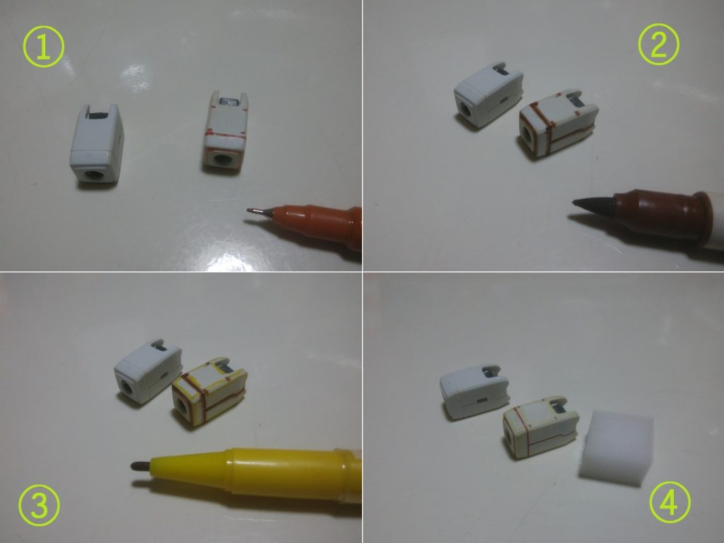 ガンダムマーカーとマッキーで荒く塗ってメラミンスポンジで整えました