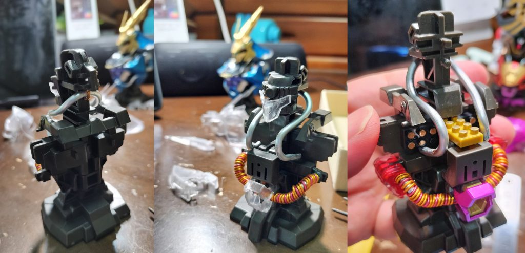 クエス・パラヤ専用機ができるのを後ろから見守るギュネイ専用機。アルミ針金やプチグロックを結構利用しています。フレームモデルで仮スタンドだとスカスカですからねえ。