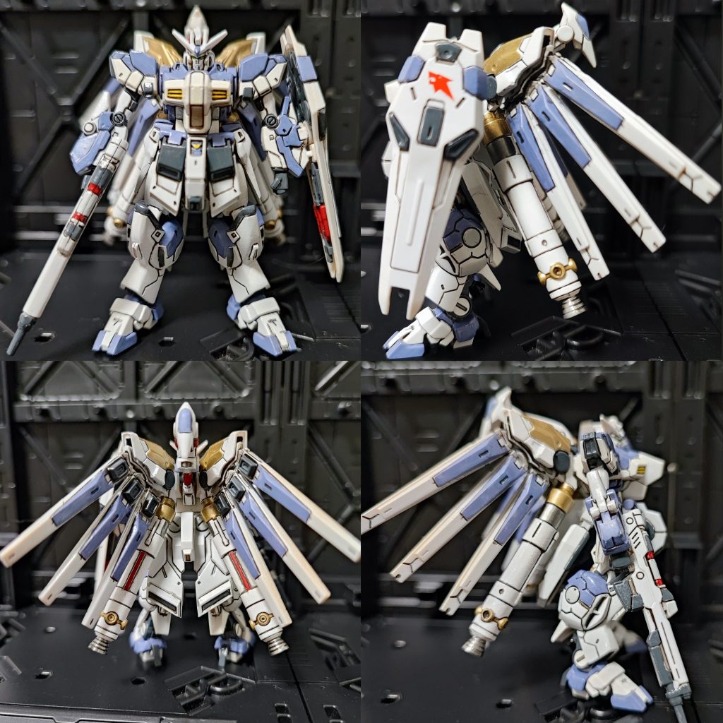 背中のウィング？のライトパープルを塗り忘れて、調合面倒くさかったのでゴールドにしたのですが。。。。なんか浮いてる感じなのが悔やまれます。。。しかし、ガンプラは自由だぁーーーこれはこれで良しと納得してます。