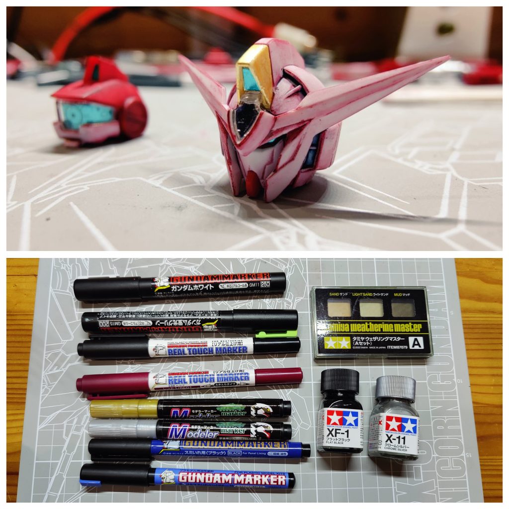 使用した塗料一覧と、ガンダムマーカー各種、100円マーカー金・銀、タミヤのウェザリングマスターAと、エナメル塗料はスポンジでポンポンするだけ。あと写真撮ってないけどトップコートはもちろんツヤ消し。