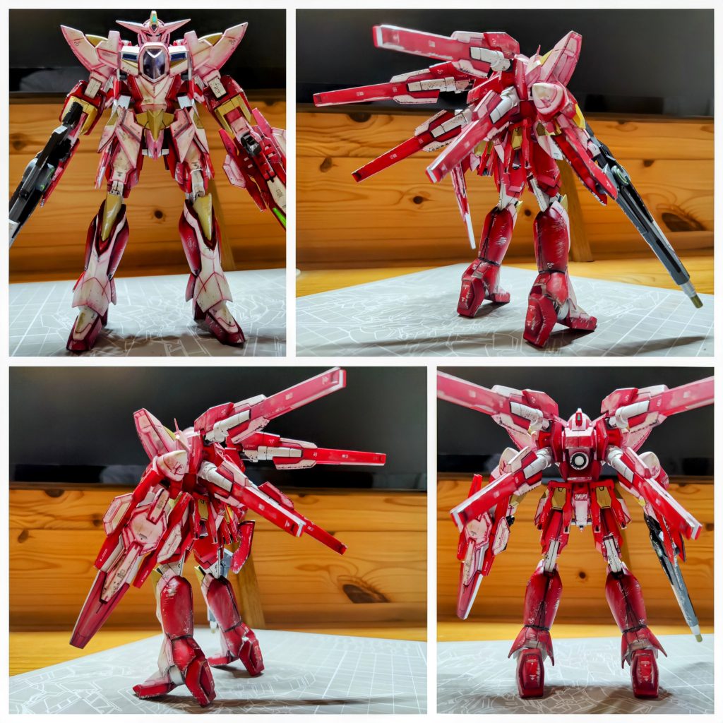 全方位写真。背面のフィンファングが良い。足は細めで、重心は後に行きそうな所、変形ギミックのある「かかと」が動くおかげで自立できます。