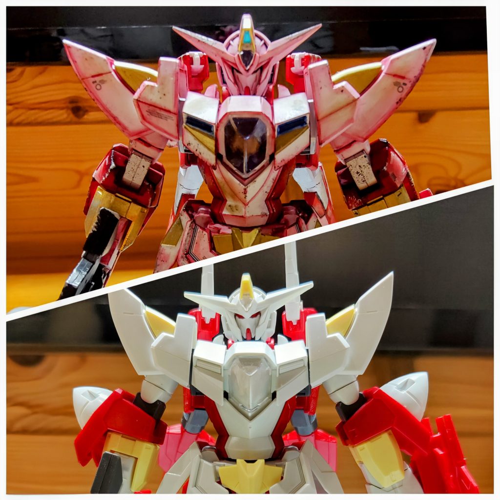 塗装前、塗装後。塗装前の白ツル玩具感がすごい。グラデ塗装後、デカール貼って、少しだげウェザリング、チッピングは銀メインで黒も少々。