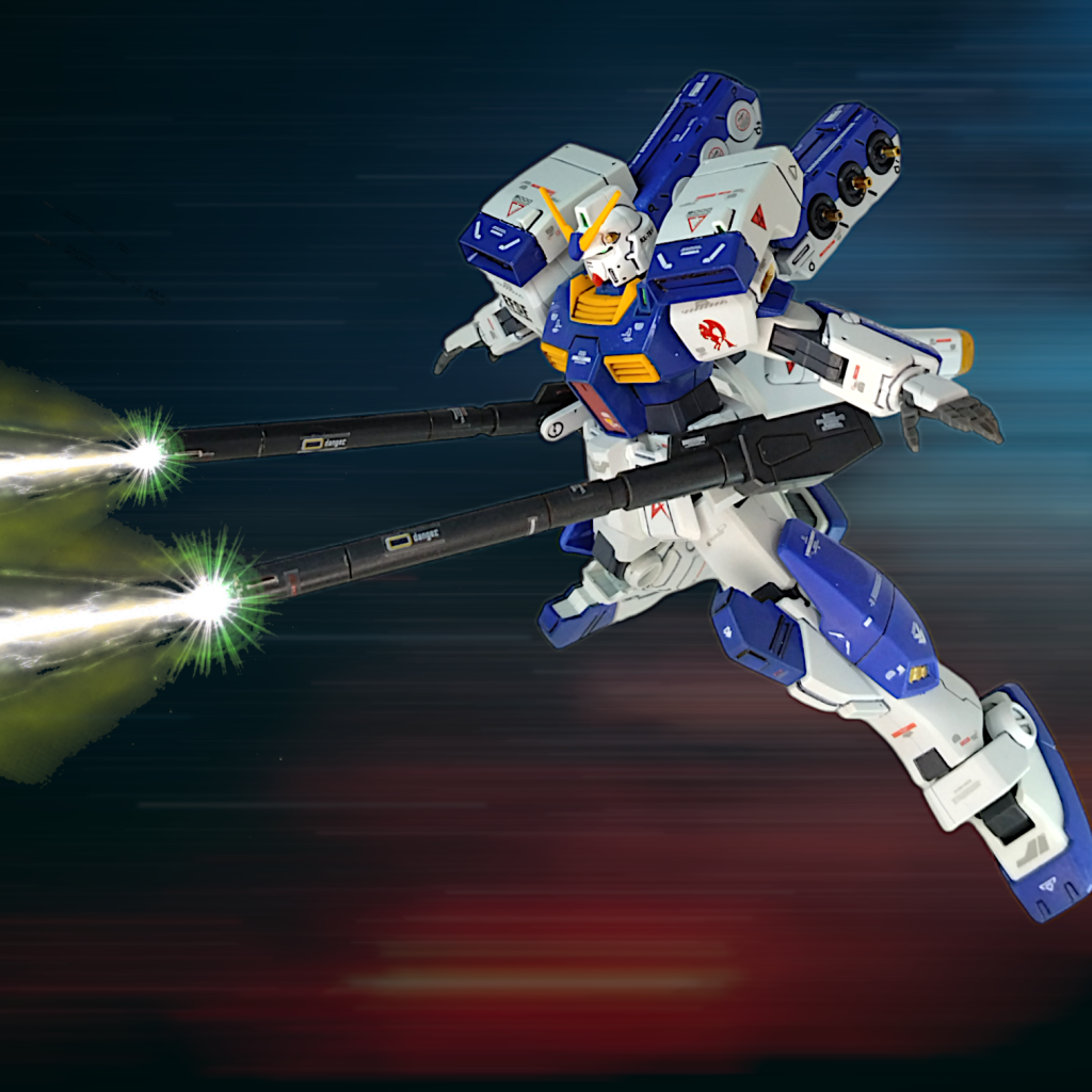 ジムⅢベースなのでハードポイントが豊富です肩のミサイルユニットを着けることで、よりカスタム機っぽく腰は二連ビームキャノン装着で火力up