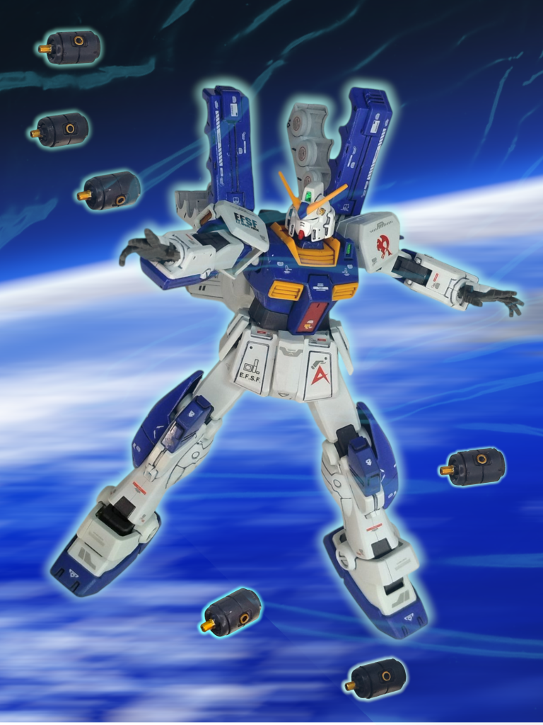 ビルダーズパーツのファンネルを使用この時点でファンネル?っていろいろ突っ込みどころはありますが、物語後半くらいからアムロは超人的な活躍をしているので、きっと使いこなせてしまうでしょう