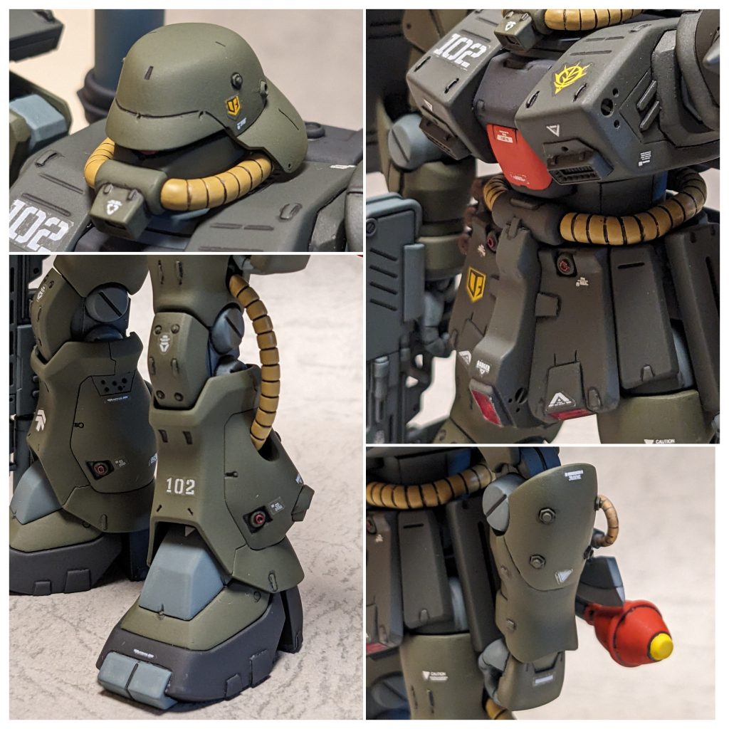 各部アップ。ミキシングは、旧キット及びhgucのザクII改、そしてhgucのF2ザクを使いました。ベースはhgucザク改ですが、旧キットからは足首、上腕、胸部前面、バックパックを使いました。F2ザクとザク改のデザインを自分なりによい塩梅でミキシングしたつもりです。