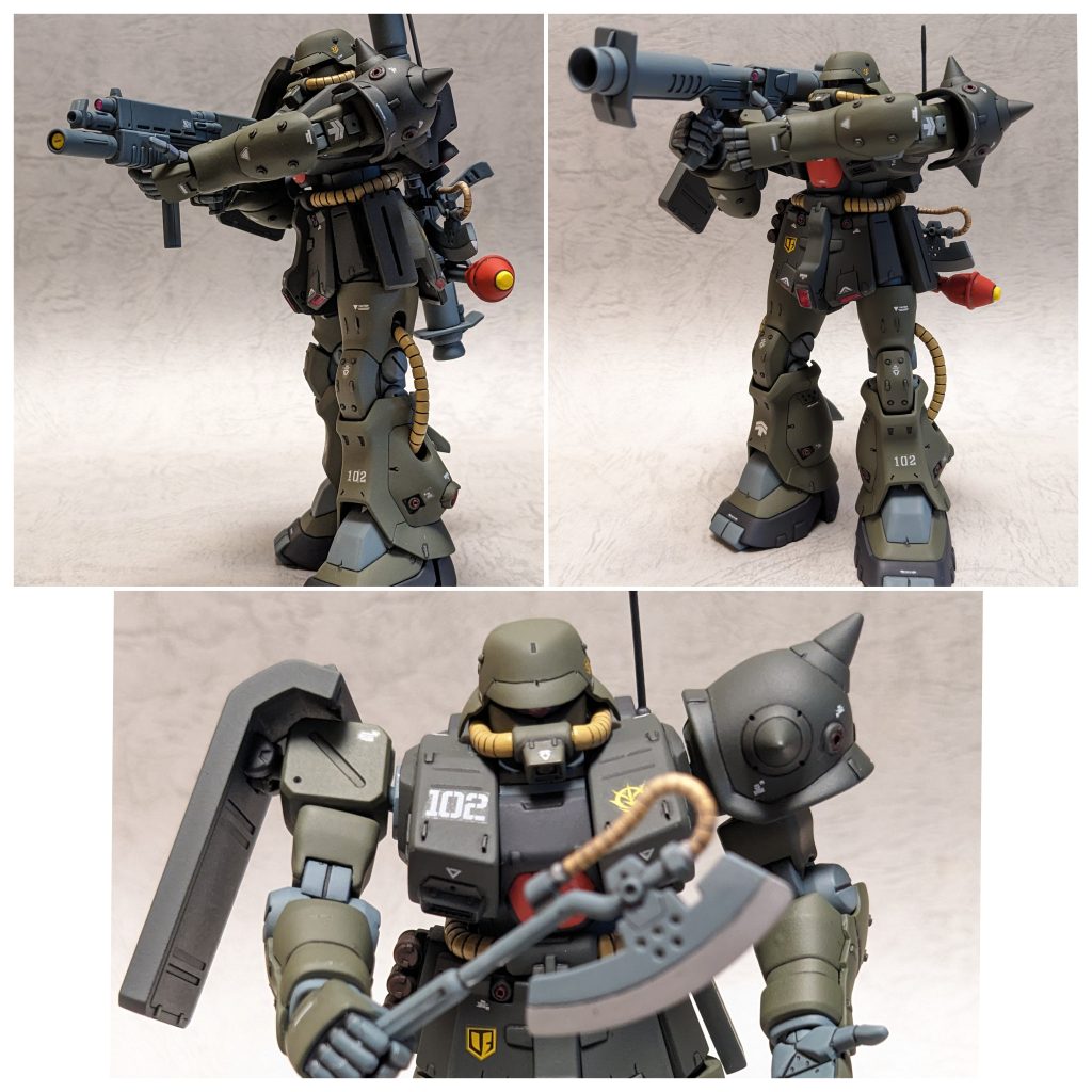 せっかくのフル装備なので、武器持ちポーズ。一応バズーカのスコープ部にはミラーぽいシールを貼ってますが見えませんね。あと、旧キットから拝借した足首ですが、バランスはお気に入りなものの、いかんせんでかいので上のパーツと干渉するので可動はイマイチです。