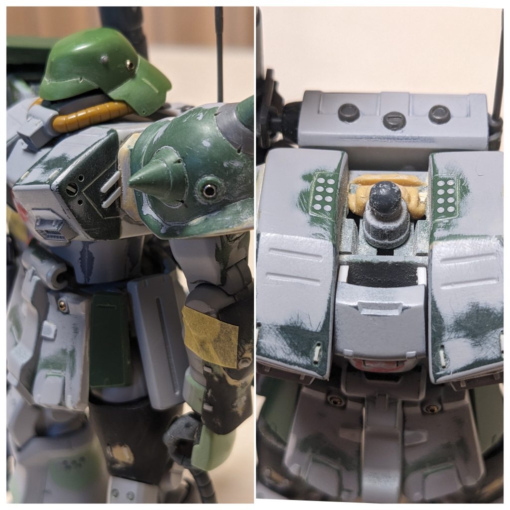 旧キットの胸パーツを貼ったので前に張り出しが強くなった分、コックピットパーツとの差が出たので、それを抑えるためにそこも2ミリ程張り出すようにしました。腰部の真ん中パーツも同様に2ミリ程張り出しています。