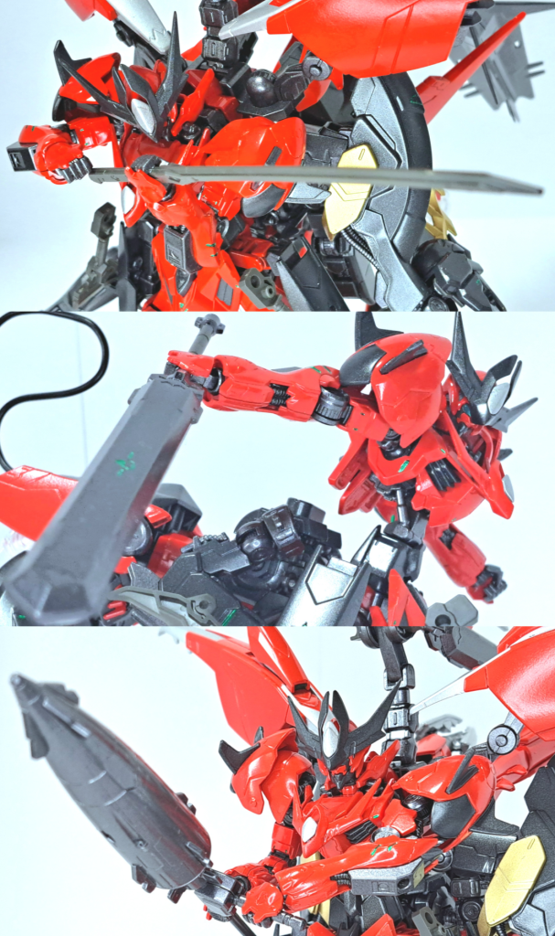 太刀ベース機であるガンダムバルバトスの太刀。長尺ながら軽量で扱いやすく、局所攻撃時に優位性を発揮する。ソードメイス機動性を阻害しないよう形状と重量は検討が重ねられており、剣のような形状となっているメイス。ソードと付いているが切断するというよりは、叩き斬るための武装である。アメイジングメイス本機の主兵装である大型のメイス。バルバトスの象徴的な武器であるメイスをモチーフとし、剛性を維持しつつ新たに機関砲を1門内蔵。可動式のフォアグリップとの併用で精密射撃にも対応している。