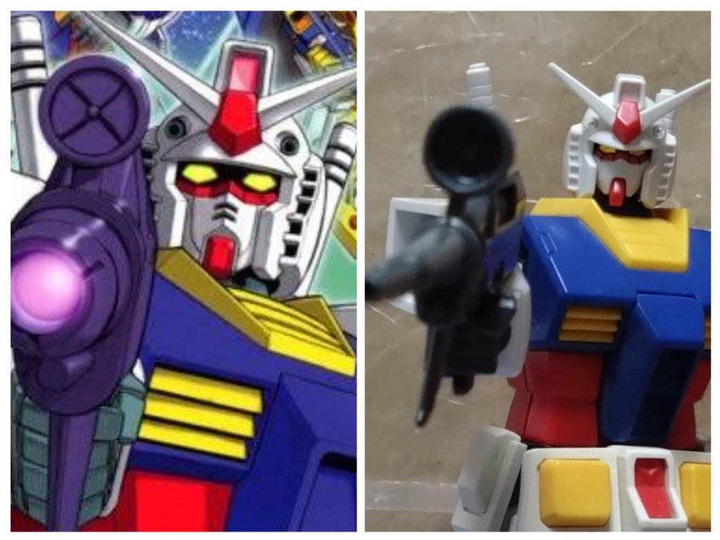 さて、武装について紹介。オリジナルのファーストと同じですが、漫画のシーンをある程度再現しながら紹介します。 ビームライフルガンダムの主兵装。序盤(エピソード1)以降しばらくはライフル無しで、ザクやガンダムXを相手に戦い、コミック2巻のエピソード7から再びライフルを使用。ここは4巻の表紙のポーズにしました。