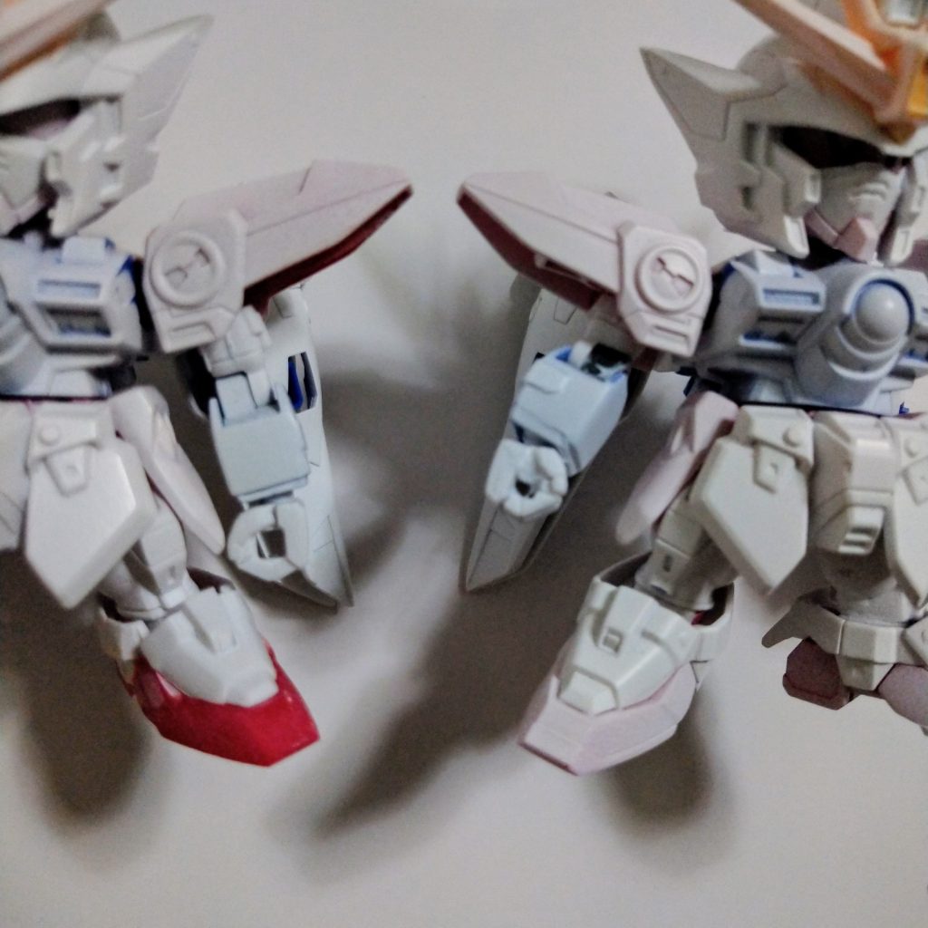 ウイングガンダム0くん2体同改修中でGUNSTA投稿前に手と腕を縮小しました。よりSDガンダムさが増すので手足の小型化をお勧め致します。切断と継手の目合わせを永遠する羽目に成りますが。。。汗