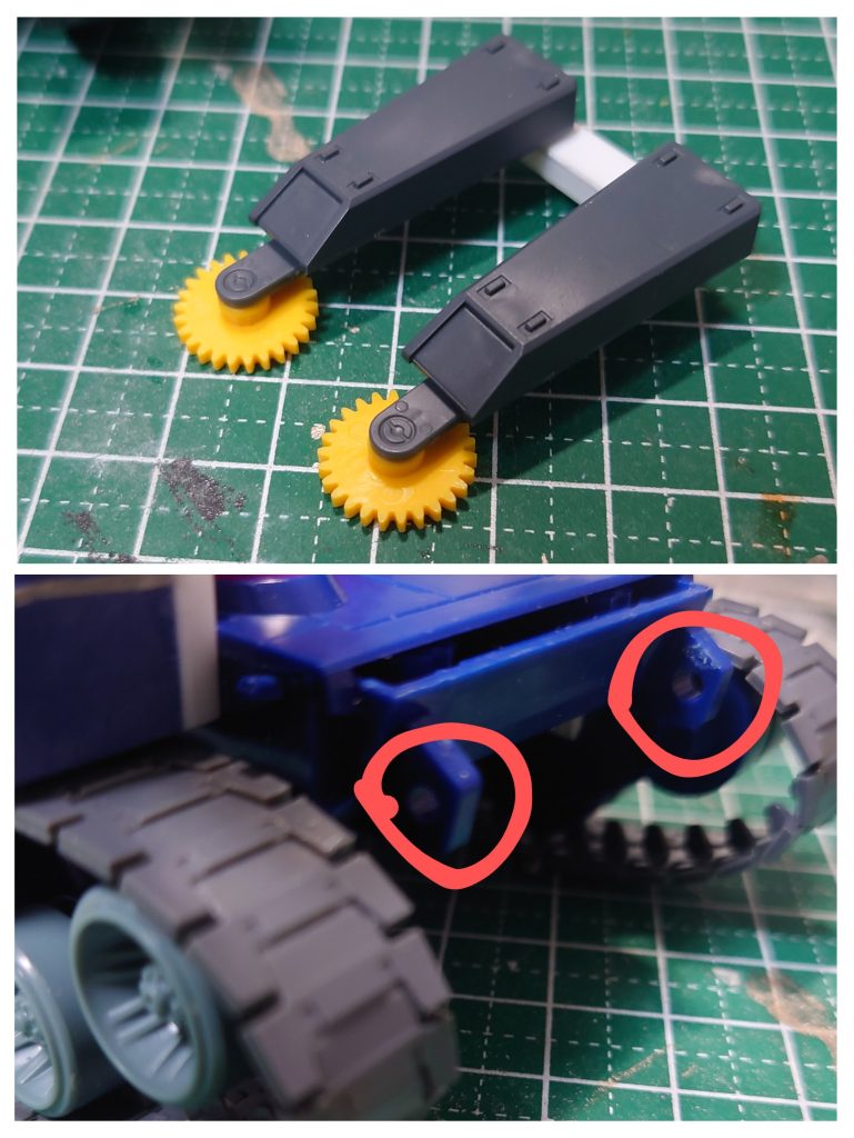 今、ガンタンクを作っているんだ。と友人に伝えたところ、アッグの頭にあるような丸ノコの武器を追加しろといわれ、困惑。黙殺しても良かったのですが、戦車にオプションは付き物かと思い直して適当にそれっぽいものを製作しました。ボールデンのパーツとミニ四駆のギアを使っています。丁度、実際の戦車がショベルをつけたりするアタッチメントがあるのでそれを利用して接続可能としています。因みにその友人は暇があればヘビーガンとビルギットとバグのことを考えているような男なので、敢えてバグが連想出来る見た目にしています。
