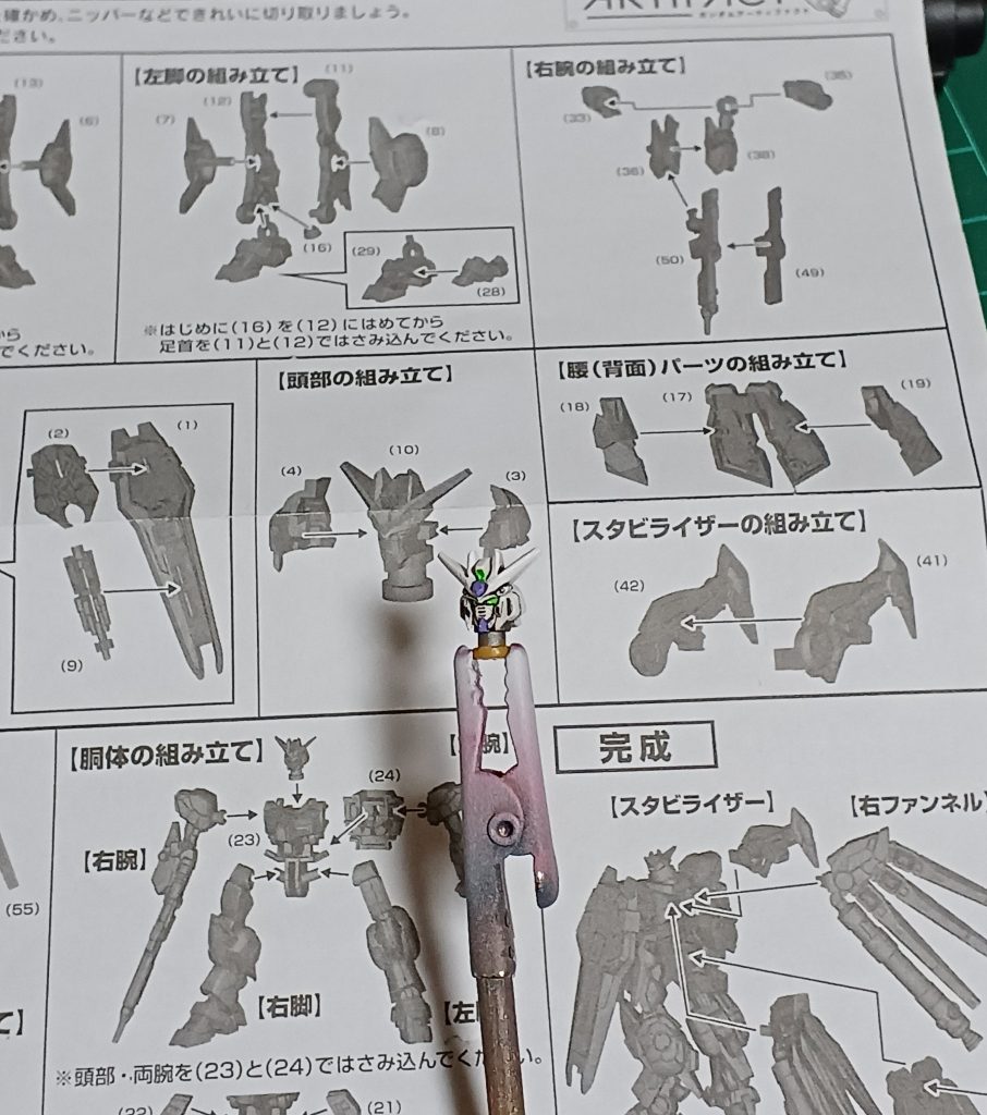 前回のEx-sに続き、ガンダムなのでツインアイを塗装するわけですが今回は挟み込みタイプだったのでめっちゃ塗りにくかったです(gundam-kao9)   