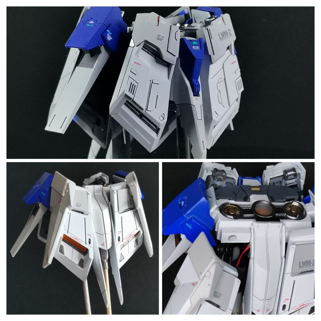 下半身にもボリュー厶が欲しくなってきたので、フロントスカートはHi-vから、リアはvガンダムのそれと余剰パーツを組み合わせて仕上げました。せっかくの追加ケーブル類は…覗き込まないと全く見えません。空洞の多かった股関節周りが埋まったと喜ぶべきか、悩ましい所です。［追記］Hi-vの前スカート流用がのるすけさんと被ってる！一緒に写真撮りたい！　・・じゃなかった。何とぞご容赦いただけると幸いです。┏○))