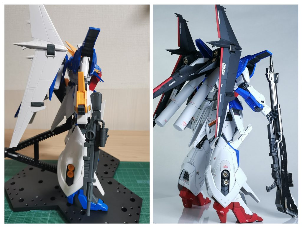 側面の比較です。バーニアはハンドパーツと同じく三角屋さんのレジンパーツを使用しました。精密なディテールながら3層式で塗りやすい✨側面の印象もだいぶ変わった気がします。