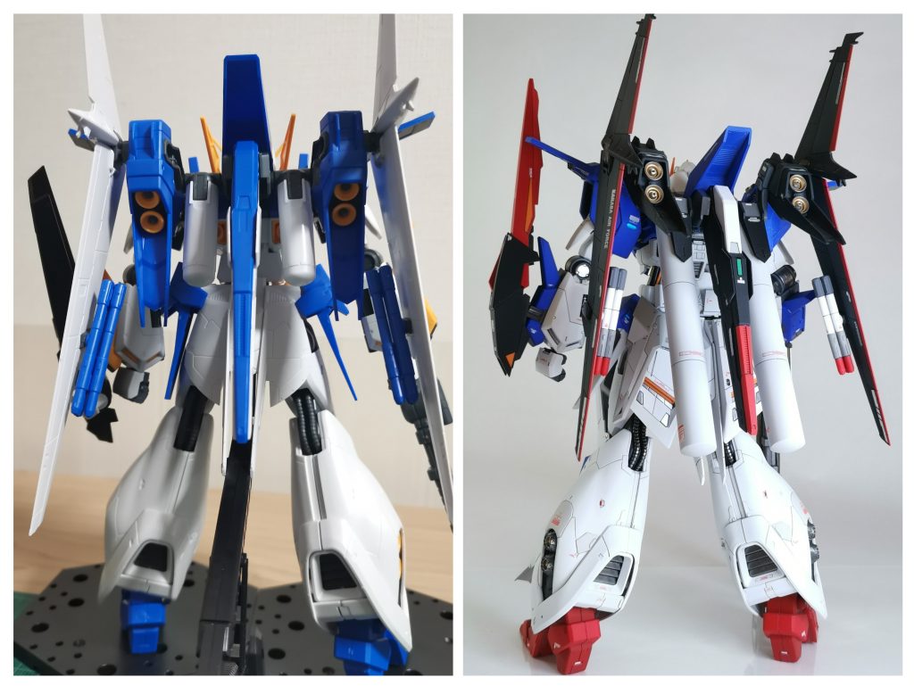 背面です。リアスカートとプロペラントタンクの変更が目を引きますが、肉抜き穴をレジンパーツで埋めたり、スラスターにICソケットを接続したり。翼端灯…は微小過ぎて相当寄らないと気付きません。翼はＺガンダムと似た配色に仕上げるため、スジ彫りで新たなパネルラインを追加しています。