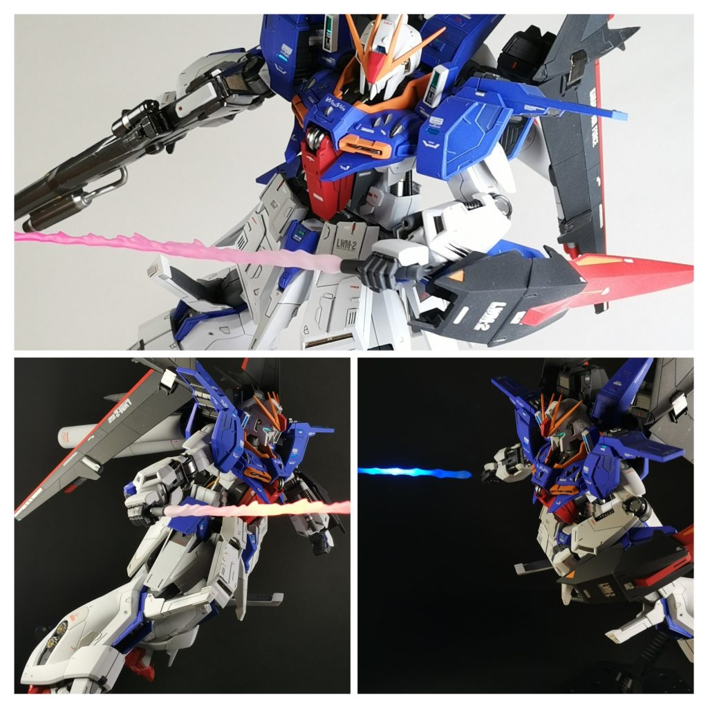 武装類です。ライフルはひたすらロマンを詰め込み3割ほど延長となりました。結果、片手ではまともに構えられない重量に｡ビームサーベルはゼータの赤とリントヴルムの青。どちらも捨てがたいので、気分や季節で替えることにします✨　シールドはＺガンダムから拝借し、デカールは機体名称と型式番号部分だけ切り取って、主張し過ぎないよう仕上げました。