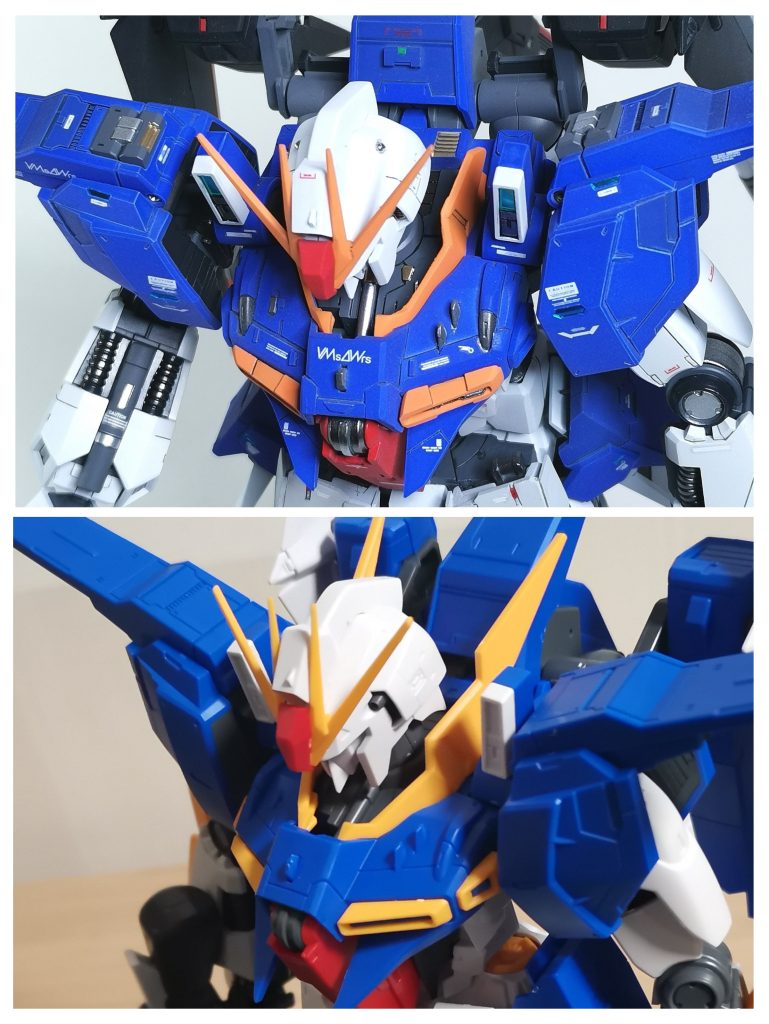 斜め上からのアングルが好きなので、情報量の追加にも力が入りました。肩アーマーの一部を切り欠いてレジンパーツを接続、センサー塗装、メタルパーツ追加などなど。変形機構を投げ捨ててからのVMsAWrs表示は心なしか眩しく映ります。