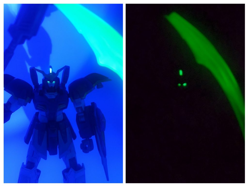 ブラックライト照射 顔の一部とビームサイズは光ります。またデスサイズヘルと同じく蓄光塗料なので、消しても数秒光り続けます。