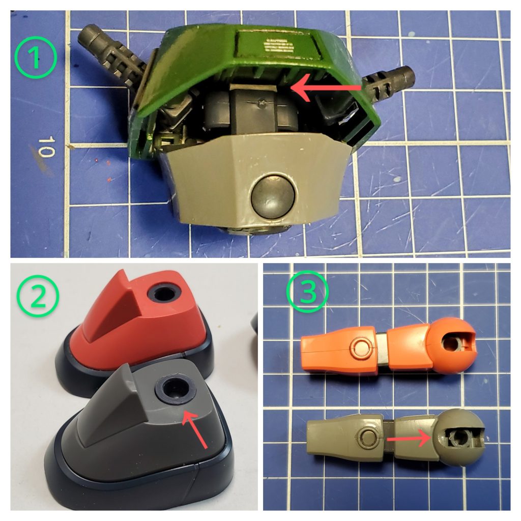 続いて私のゲルググ定番改修ポイント~👊✨①胴体の接続パーツに1.2㎜のプラ板を挟み込み胴体延長~🎵これを入れるとお腹の丸いコクピットハッチがキチンと出やすくなります👍️②初の試みですが足首ポリキャップ接続部分に1㎜のプラ棒を挟み込みました❗画像のようにあるとないとではポリキャップの上下位置↕️だいぶ違います🤔③腕の脇下の開口~✴️これにより腕がまっすぐ下に向けるようになり、ポージングも決まりやすくなります😊🎶