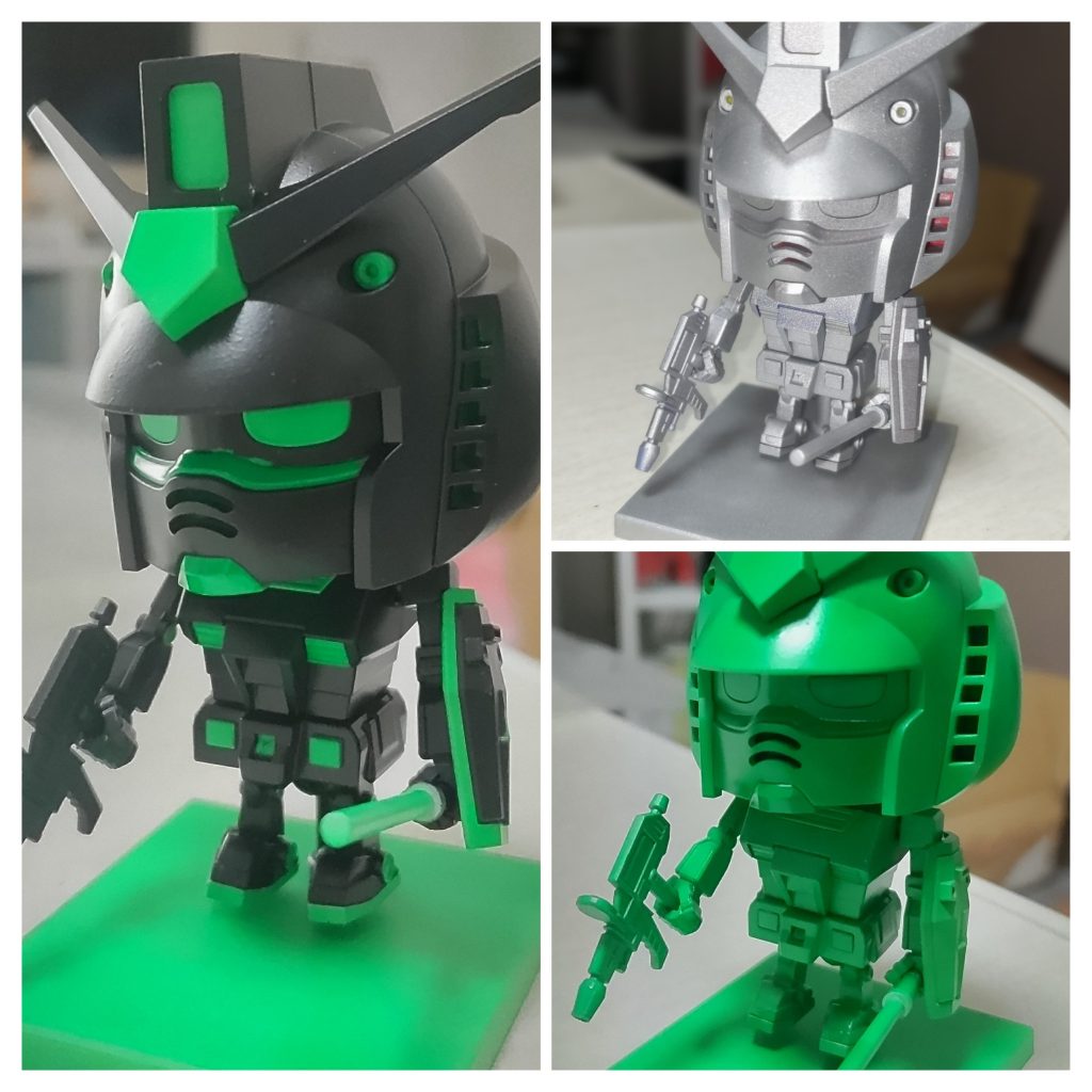 塗装工程 シルバーサフで全体を覆ってからネオングリーンを塗装してからクリアでコーティング、マスキングや塗らないパーツを除外して黒サフ→フラットブラックで仕上げました。 なお、塗膜が削れる可能性があるのでランナーバージョンには換装不可としました。ちなみにネオングリーンを厚塗りしすぎ、加えて関節にも塗装されてしまっており、計３箇所折れて補修してあります。