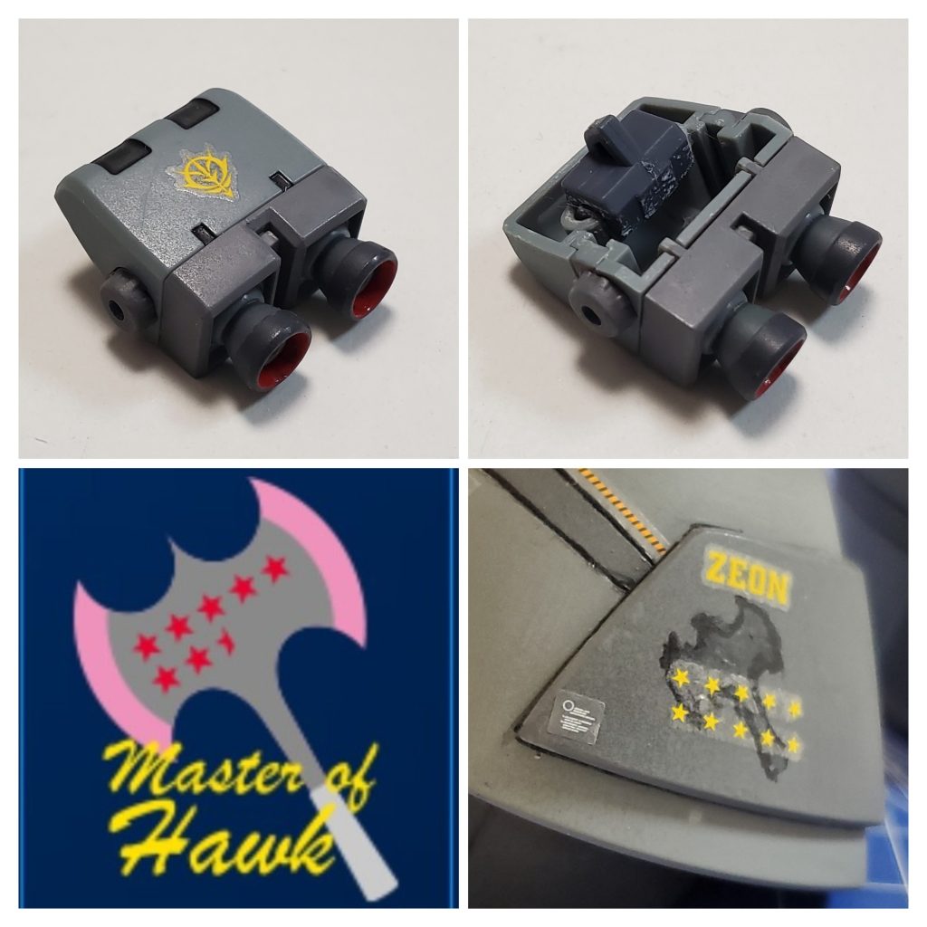 そして今回の頑張りポイント~🤩✨①腰裏スカートにあるナギナタホールドパーツに追加ブースターを合わせました🎵このホルダーを利用した事により脱着が可能となっています👍️✨②前回のシュモクザメ🦈に続き今回はブレニフ・オグスのパーソナルマークであるトマホーク🪓を足スカート部分に描いてみました🖌️シルエットのみなのでやんわり受け止めて頂けると嬉しいです🤭💦