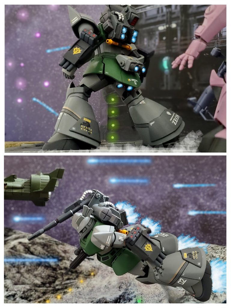 オグス中佐のゲルググキャノンはNフィールドメインゲートでバーニアスラスターを点火🔥すでに戦闘が始まっているNフィールド戦場を見据え出撃する👈️💨ア・バオア・クーより次々に飛翔するMS部隊🕊️💨オグス中佐はNフィールドですでに展開している本国防空部隊第2大隊に合流すべくスロットレバーのギアを上げ機体を加速させる😎✨オグス中佐のゲルググキャノンは、両腕に3連ランチャー、ロング射撃も可能とする試作ビームライフル🎵背面にはビームキャノンを搭載したバックパック🎒さらにリアスカートには追加ブースターを装備した事によりB型の高機動性と互角の推力を得ており、この戦場で火力、機動性において最もハイスペック仕様のゲルググとなっていた😔✨