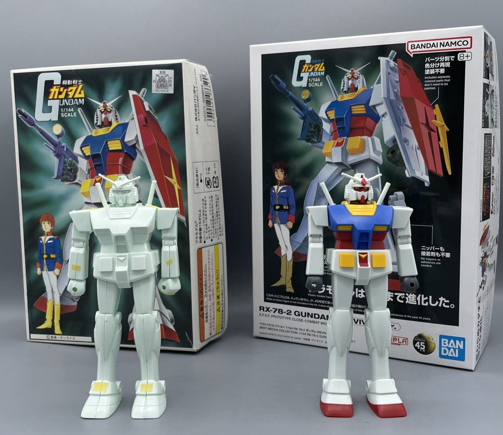 以上、旧キット&リバイバル版ガンダムの新旧比較紹介でした。この商品の発売日、本当に本当に楽しみにず~っと待っていたので、無事に入手出来て嬉しいです。一杯動かして遊ぶぞ~ ♪♪ お店に出来るだけ迷惑が掛からないように、いつも開店と同時に列に並ぶようにしているので、新商品は買えるかどうか毎回ドキドキです。しかし今日は列に並ぶ人も少なく、スムーズに購入することが出来ました。このガンダムを欲しがるのはコアなファンに絞られるのかもしれませんね。 入荷数も、ライトニングバスターやデュエルブリッツの1.5倍ほどあったようで、バンダイさんたくさん作ってくれたんだなとお店で感激していまいした。 今回は、特に手も加えていませんが、嬉しくてツラツラと雄弁に語ってしまいました。旧キットのガンダムは仮組みしてみたら、(これはこのまま残すのが良いのでは)と悩み、なかなか日の目を見ることが無かったので、今回このリバイバル版と共に登場出来て良かったです(^^♪ 最後までご覧いただき、ありがとうございました!(*^-^*)