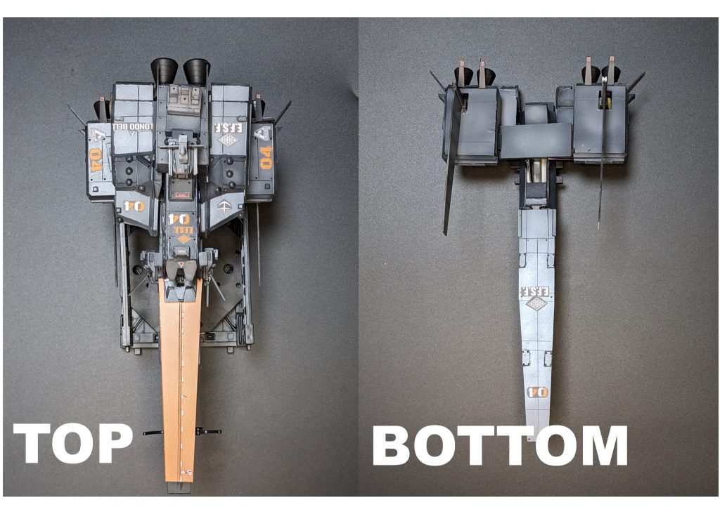 直上!と艦底部。ええ。艦底部は例によって造りこんでいません・・・。ロンドベル隊ってどう考えてもMS数が多いですけど・・・。連邦軍の伝統に則って艦底部にも露天繋止していたに違いない。