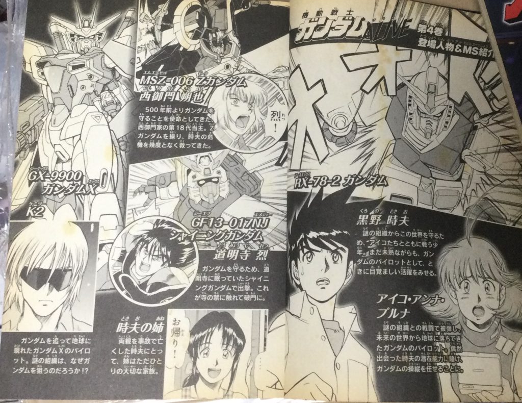 登場人物、主に主人公とヒロインについて簡単に説明します。黒野 時夫物語の主人公。六王子市立村雨中等学校2年生。両親は既に亡くなっており、ひと回り程年の離れた姉と二人暮し。自身の活躍を夢見て行動するも、その思いが空回りして失敗に終わってばかり。所属しているサッカー部のレギュラー獲得ができず、落ち込んだその帰り道に時夫は近くの山に落ちたガンダムと運命的な出会いを果たす。また、負傷していたパイロットのアイコと出会ったことで時夫は戦いに関わっていくこととなる。そんな時夫だが、『ニュータイプ』と呼ばれる不思議な力を有しており、それが発現した際にはエースパイロットをも圧倒する能力を発揮。対ブリッツ戦ではミラージュコロイドで姿を消した状態のブリッツに攻撃を確実に当てたり、性能が上である(エール)ストライク戦では能力による反応速度で相手を追い詰めて空中に逃げたストライクにジャベリンを投げつけ背中のエールストライカーと頭部を破壊して墜落させるなどと…戦いの中進化していく様子が描かれています。そんな時夫の搭乗機は最初はガンダム(コミック1〜4巻までの搭乗機)、アイコと一度未来に行って戻って来た際には『νガンダム(5巻での搭乗機)』、そして最終話のラストでは最強のMS『∀ガンダム』に乗ります。 アイコ・アンナ・プルナ物語のヒロイン。年齢不詳のスペースノイドで、異なる時空から来た未来人。新型MS搬送中に敵の攻撃を受け地上に落下し、そこで時夫と出会う。ガンダムの正式パイロットだが、追っ手の敵MS(Gビット)に苦戦を強いられたため、彼女に代わって時夫の操縦により敵MSは撃退され、素人とは思えない彼の操縦能力に驚愕する。時夫の姉の計らいにより、黒野家に居候。基本的に男口調で会話し、MS戦闘時における冷静さから普通の少女として育てられていない事を伺わせる。一方で、時夫が買ってきた牛乳に目を輝かせたり、奈良の鹿を見て喜んだりといった少女らしい一面も見せる。地球落下の際に生き別れの兄『モーリス』がいたが、時空障壁によりモーリスはアイコが辿り着いた時代から500年前の時代(戦国時代)に漂着したらしく、モーリスの18代目子孫でありZガンダムのパイロット『西御門 朔也』から真実を知らされ衝撃を受けるが、兄の遺志を継ぐべく時夫や朔也と共に未来から来る侵略者に立ち向かう事を決意。朔也と初対面時、彼から『大おば様』と呼ばれていたが、それ以来嫌そうに睨んだこともあって朔也は彼女を『アイコ様』と呼ぶようになる。ガンダムが時夫の搭乗機になって以来、MSに搭乗する機会が減っていたアイコだったが、4巻で『ガンキャノン量産型』、そして時夫と未来に行く際には『Gファイター』のパイロットに。そして未来から戻ってきた時には『ホワイトベース』の艦長に。 この2人ですが、互いに意識したり、2人の世界に入ったりする場面も。語られてはいませんが、2人の関係が良い感じになることを連載が終わった今でも願っています。ちなみにその他のキャラクターについても紹介したいところですが、ガンプラ紹介を忘れてしまいそうなので省略します。画像の説明で確認して下さい。