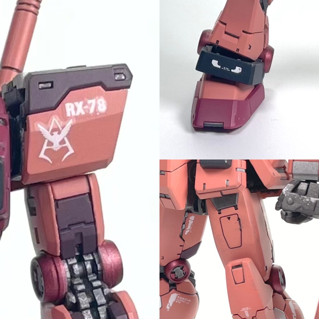 キャスバルのデカールは用意出来なかったのでガンダムデカールから不自然にならない程度のものをチョイスし、他はGMデカールや社外デカールを使用しました。全身に配置している装甲はめ込みモールド?は少しくどく感じたので画像の部分だけパテ埋めしました。全身にディテールがあるので丁度良い具合になったかと思います