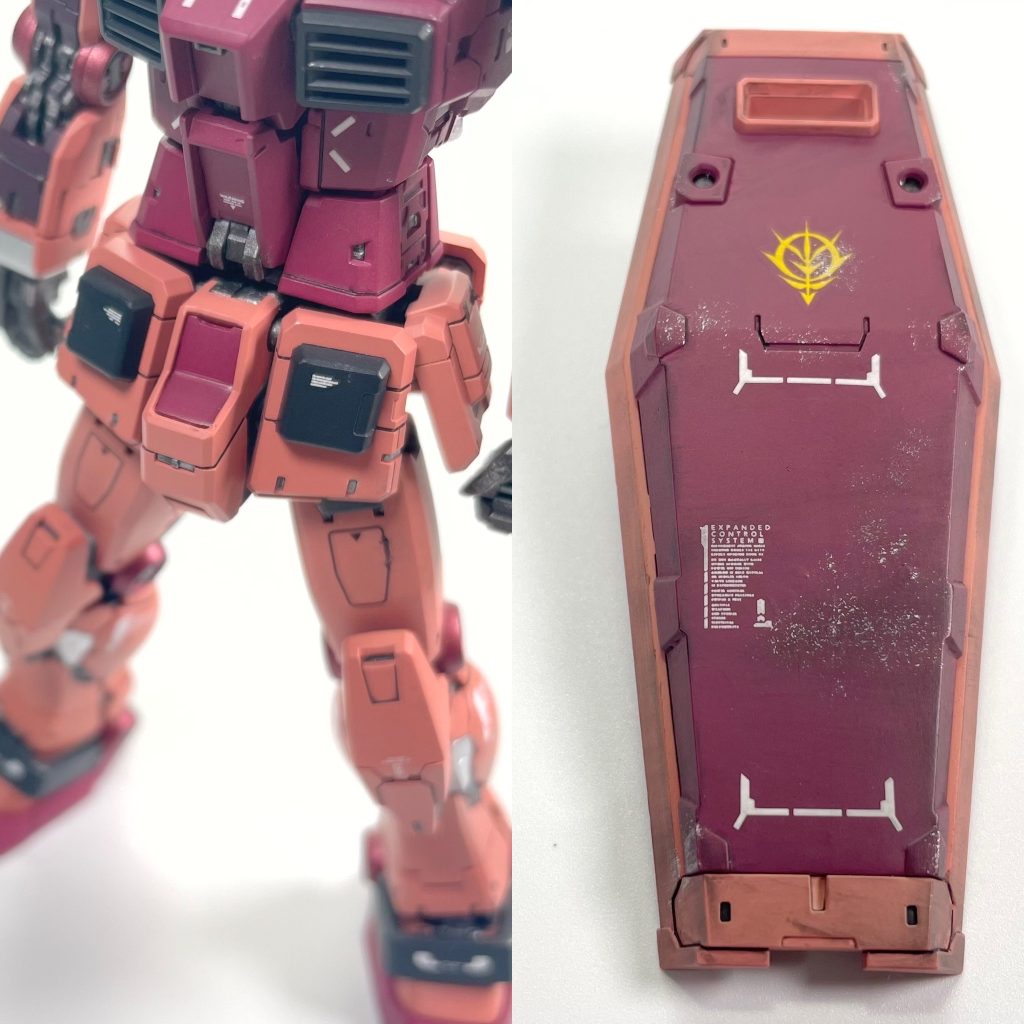 キャスバル専用機は連邦の星マークが無いのでスカート部とシールド部はパテ埋めしました。シールド部は少しパテのヒケがあったのでウェザリングを強めに施し、弾痕の凹みのように表現しました。シールドなので説得力が出たと思います。