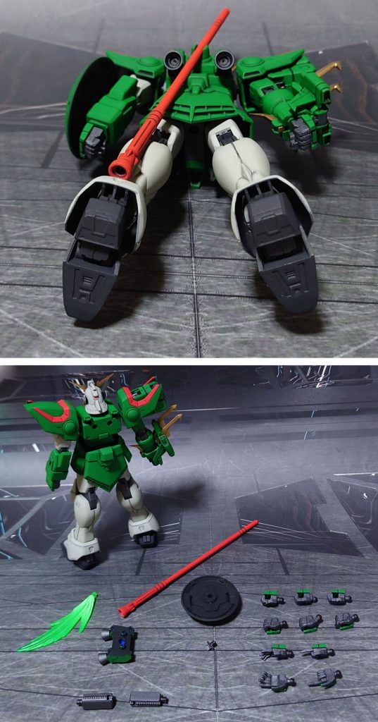 下からのアングルと、付属品一式。■塗装レシピ緑①：黒サフ→デイトナグリーン→つや消し緑②：グレーサフ→デイトナグリーン→つや消し白：黒サフ→ガルグレー→つや消し黒：黒サフ→MSグレー連邦系→つや消し金：黒サフ→ゴールド→光沢赤：グレーサフ→MSレッド→つや消し関節類グレー：黒サフ→ブライトガンメタル→つや消しポリキャップ：PPプライマー→ブライトガンメタル→つや消しシールドジョイント：黒サフビームグレイブ赤：白サフ→キャラクターレッド→つや消しビーム刃エフェクト：先端側にメタリックグリーン→根元側にベースホワイト→全体に蛍光グリーンツインアイ：キット付属シールを使用アンテナ基部センサー：ガンダムマーカー・ロイヤルメタリックレッド→光沢頭部センサー類：市販のシール素材を使用肩ファイティングサイト、シールド中央部：市販のレンズパーツの裏側に市販のシール素材→光沢その他部分塗装、墨入れ：ガンダムマーカー各種→つや消し