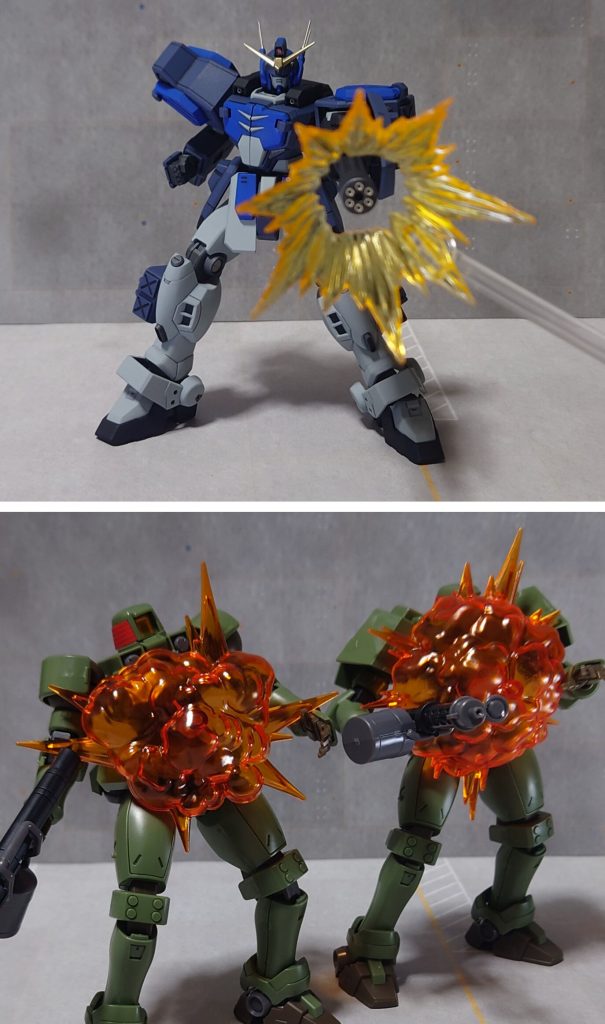“OZ”の基地を襲撃した“ガンダム”。左腕に装着したビームガトリングガンが、“リーオー”を撃ち抜く。