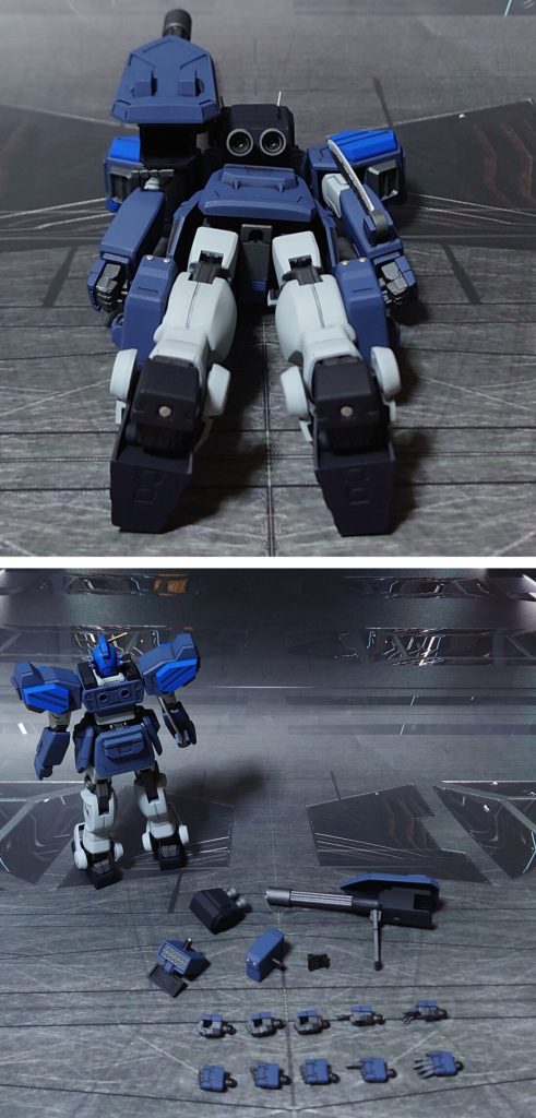下からのアングルと、付属品一式。■塗装レシピ青:黒サフ→キャラクターブルー→つや消し濃青:黒サフ→アマゾンブルー→つや消し黒:黒サフ→ダークブルー→つや消し白:黒サフ→明灰白色→つや消し胸部装甲V字白:黒サフ→キャラクターブルー→(マスキング)→光沢→明灰白色→つや消し金:黒サフ→ブラック→メタルゴールド→光沢関節類グレー:黒サフ→ブライトガンメタル→つや消しポリキャップ:PPプライマー→ブライトガンメタル→つや消しビームガトリングジョイント:黒サフビームガトリングガン砲身グレー:黒サフ→ガンメタル→つや消しツインアイ:キット付属シールを使用頭部センサー類:市販のシール素材を使用胸部装甲内ファイティングサイト:市販のレンズパーツの裏側に市販のシール素材→光沢その他部分塗装、墨入れ:ガンダムマーカー各種→つや消し