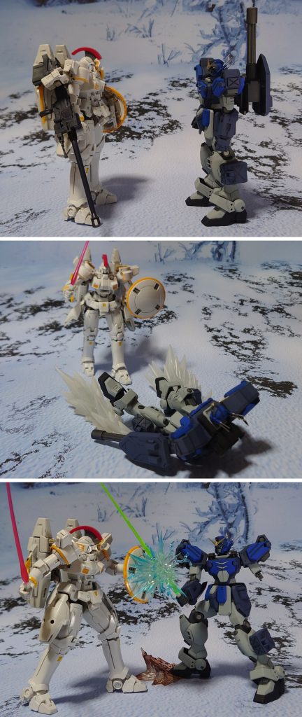 南極での虚しき決闘。追い込まれた“ヘビーアームズ”、左腕に仕込まれたビームサーベルで反撃を試みる。