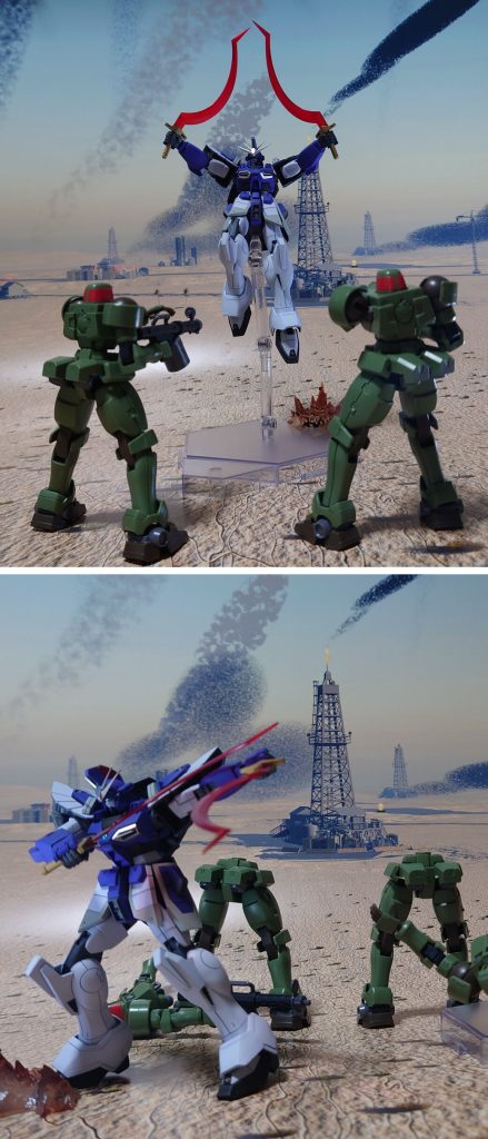 中東のOZ基地を襲撃、挨拶代わりにリーオーを切り捨てる。