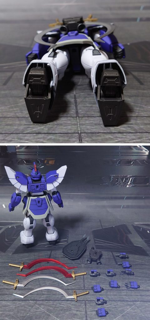 下からのアングルと、付属品一式。手首は30MMオプションセットに丸ごと差し替え。ヒートショーテルはグリップを、HGACシェンロンガンダムの余剰パーツから追加し、通常/発熱の切り換えを刀身の差し換え無し(持ち換え)で可能に変更しました。■塗装レシピ紫:黒サフ→パープル→つや消し白:グレーサフ→パープルヘイズ→つや消し薄グレー:黒サフ→ロイヤルライトグレー→つや消し黒:グレーサフ→黒鉄色→つや消し赤:グレーサフ→ダルレッド→つや消し銀:黒サフ→ダークブルー→メタルシルバー→光沢関節類グレー:黒サフ→ブライトガンメタル→つや消しポリキャップ:PPプライマー→ブライトガンメタル→つや消しシールド・バックパックジョイント:黒サフヒートショーテルグリップ:黒サフ→ゴールド→つや消しヒートショーテル刀身(発熱):メタリックレッド→光沢ツインアイ:黒サフ→キット付属シール→光沢頭部センサー類:(塗装後、トップコート前)→キット付属シール→つや消し胸部ファイティングサイト:市販のレンズパーツの裏側に市販のシール素材→光沢その他部分塗装、墨入れ:ガンダムマーカー各種→つや消し